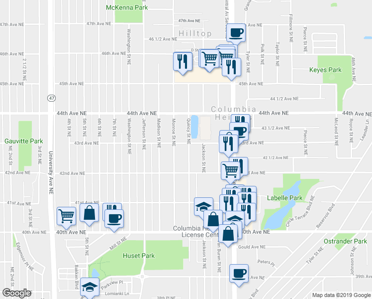 map of restaurants, bars, coffee shops, grocery stores, and more near 707 43rd Avenue Northeast in Minneapolis