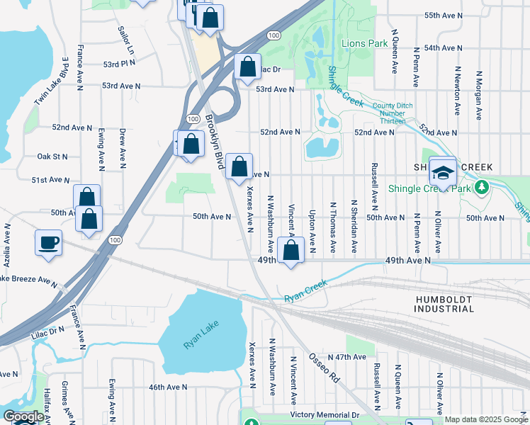 map of restaurants, bars, coffee shops, grocery stores, and more near 5022 North Washburn Avenue in Minneapolis
