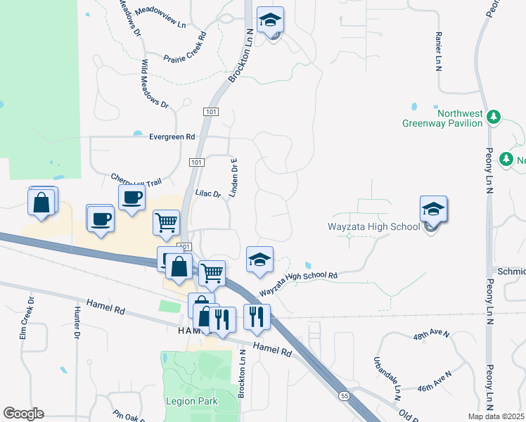 map of restaurants, bars, coffee shops, grocery stores, and more near 18915 51st Avenue North in Plymouth