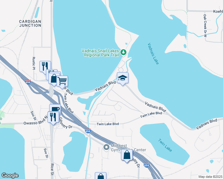 map of restaurants, bars, coffee shops, grocery stores, and more near 100 Skyline Drive in Vadnais Heights
