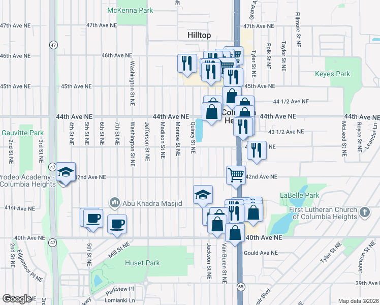 map of restaurants, bars, coffee shops, grocery stores, and more near 707 43rd Avenue Northeast in Minneapolis