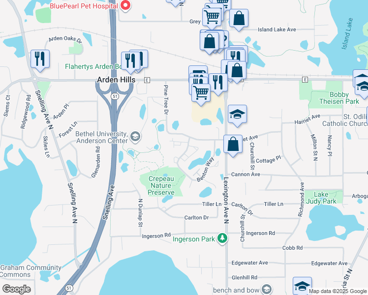map of restaurants, bars, coffee shops, grocery stores, and more near 1181 Benton Way in Arden Hills