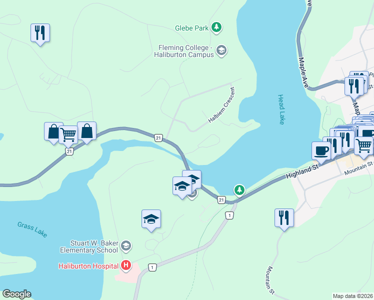 map of restaurants, bars, coffee shops, grocery stores, and more near 16 Halbiem Crescent in Haliburton County