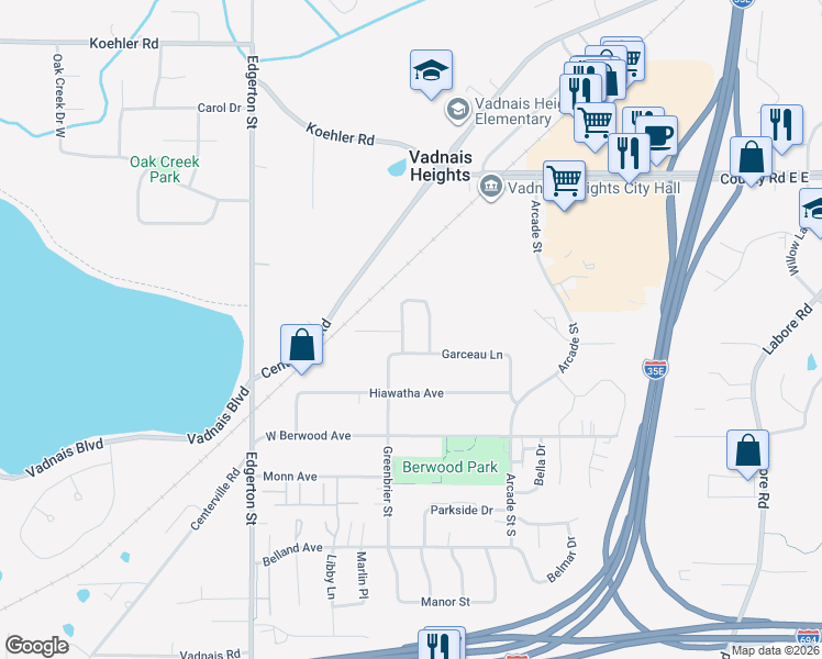 map of restaurants, bars, coffee shops, grocery stores, and more near 3492 Valento Circle in Vadnais Heights