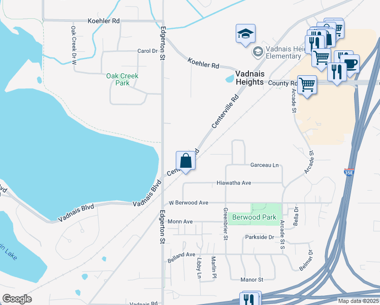 map of restaurants, bars, coffee shops, grocery stores, and more near 3457 Centerville Road in Vadnais Heights