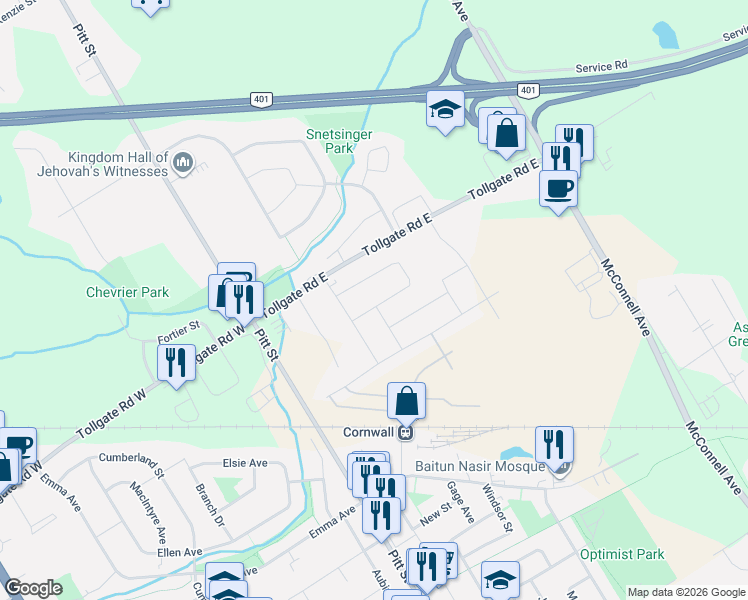 map of restaurants, bars, coffee shops, grocery stores, and more near 234 Hemlock Crescent in Cornwall