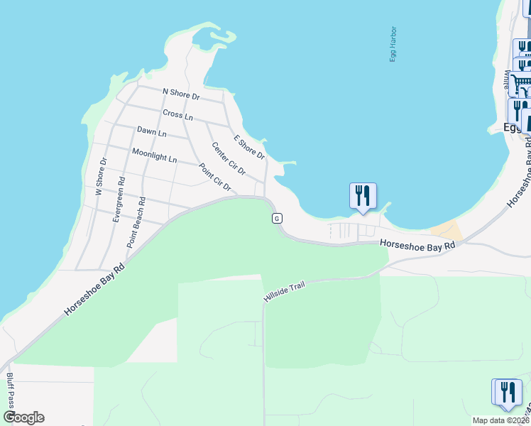 map of restaurants, bars, coffee shops, grocery stores, and more near 7670 Horseshoe Bay Road in Egg Harbor