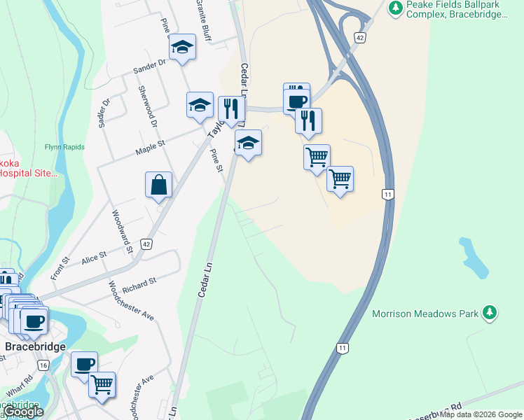 map of restaurants, bars, coffee shops, grocery stores, and more near 200 Pine Street in Bracebridge