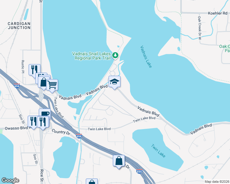 map of restaurants, bars, coffee shops, grocery stores, and more near 100 Vadnais Boulevard in Vadnais Heights