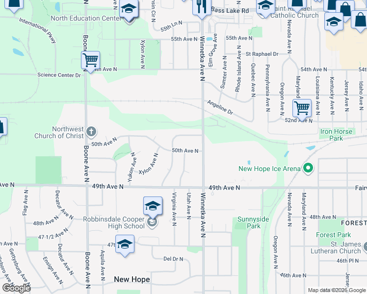map of restaurants, bars, coffee shops, grocery stores, and more near 5010 Wisconsin Avenue North in Minneapolis