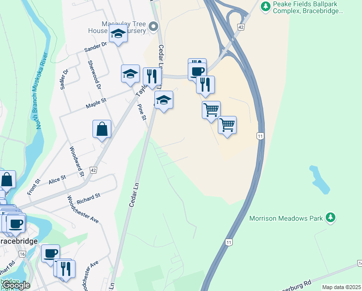 map of restaurants, bars, coffee shops, grocery stores, and more near 200 Pine Street in Bracebridge