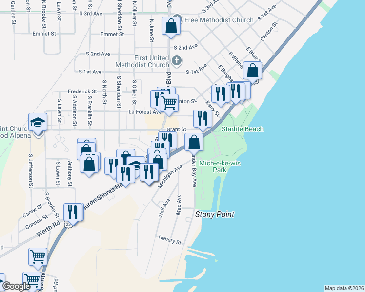 map of restaurants, bars, coffee shops, grocery stores, and more near 2000-2092 South State Avenue in Alpena