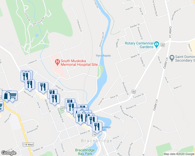 map of restaurants, bars, coffee shops, grocery stores, and more near 189 Ann Street in Bracebridge