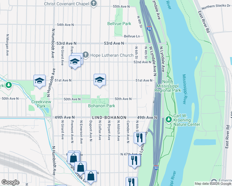 map of restaurants, bars, coffee shops, grocery stores, and more near 5020 North Bryant Avenue in Minneapolis