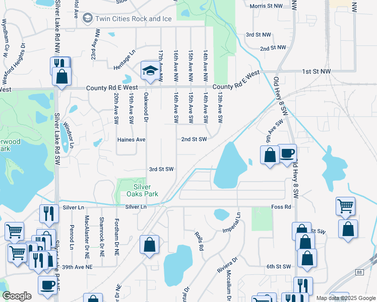 map of restaurants, bars, coffee shops, grocery stores, and more near 1512 2nd Terrace Southwest in New Brighton