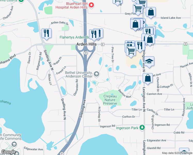 map of restaurants, bars, coffee shops, grocery stores, and more near 2 Pine Tree Drive in Arden Hills