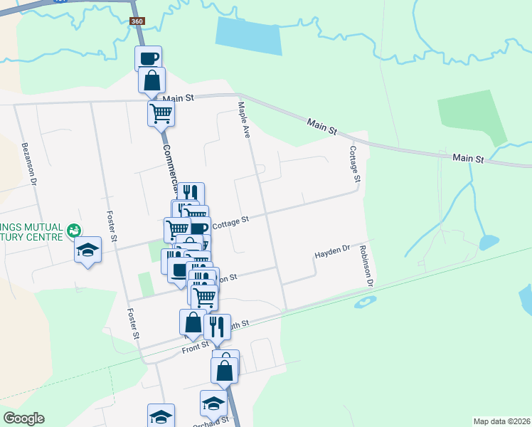 map of restaurants, bars, coffee shops, grocery stores, and more near Maple Avenue in Berwick