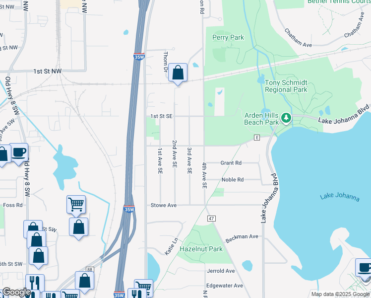 map of restaurants, bars, coffee shops, grocery stores, and more near 204 3rd Avenue Southeast in New Brighton