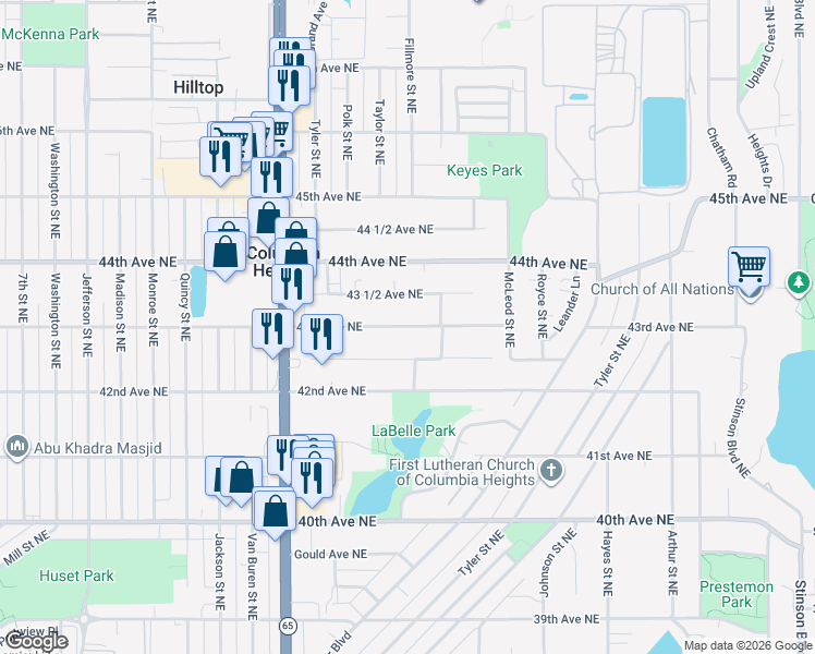 map of restaurants, bars, coffee shops, grocery stores, and more near 1115 43rd Avenue Northeast in Minneapolis