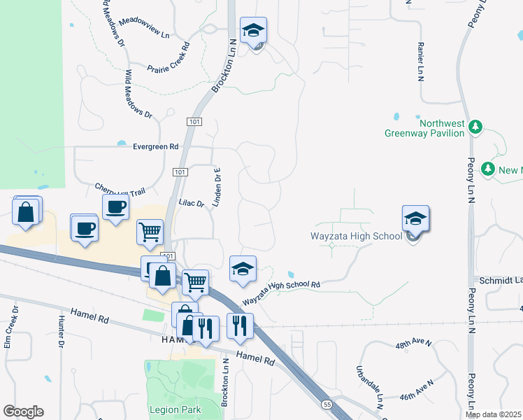 map of restaurants, bars, coffee shops, grocery stores, and more near 18915 51st Avenue North in Plymouth