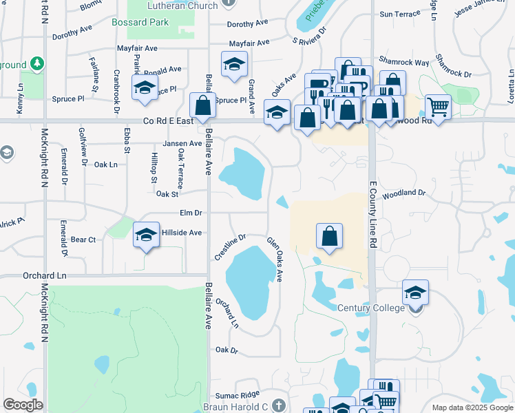map of restaurants, bars, coffee shops, grocery stores, and more near 2563 Elm Drive in White Bear Lake