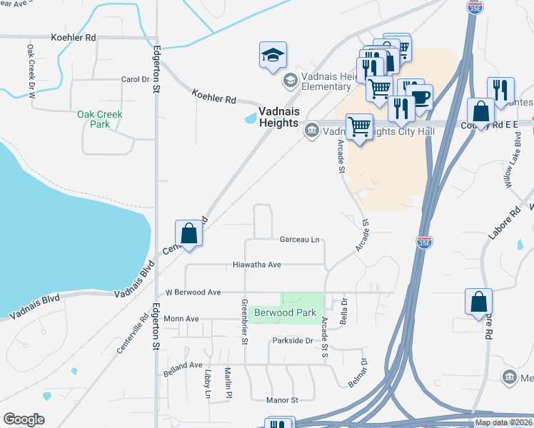 map of restaurants, bars, coffee shops, grocery stores, and more near 3492 Valento Circle in Vadnais Heights