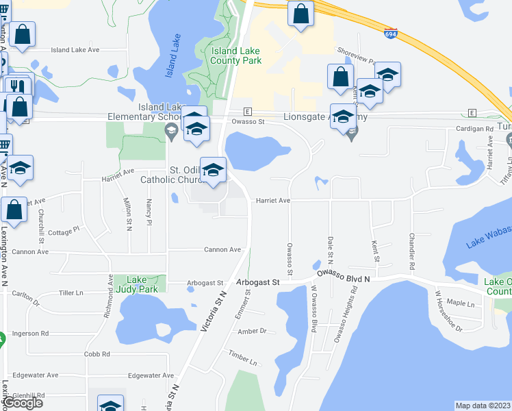 map of restaurants, bars, coffee shops, grocery stores, and more near 730 Harriet Avenue in Shoreview