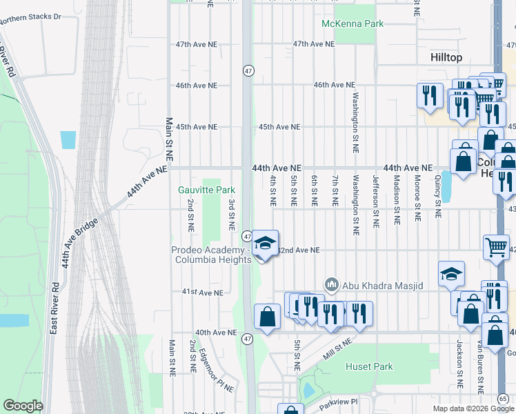 map of restaurants, bars, coffee shops, grocery stores, and more near 4301 University Avenue Sev Road in Columbia Heights