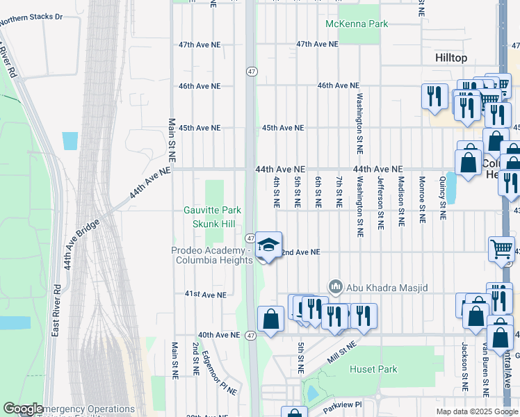 map of restaurants, bars, coffee shops, grocery stores, and more near 4301 University Avenue Sev Road in Columbia Heights
