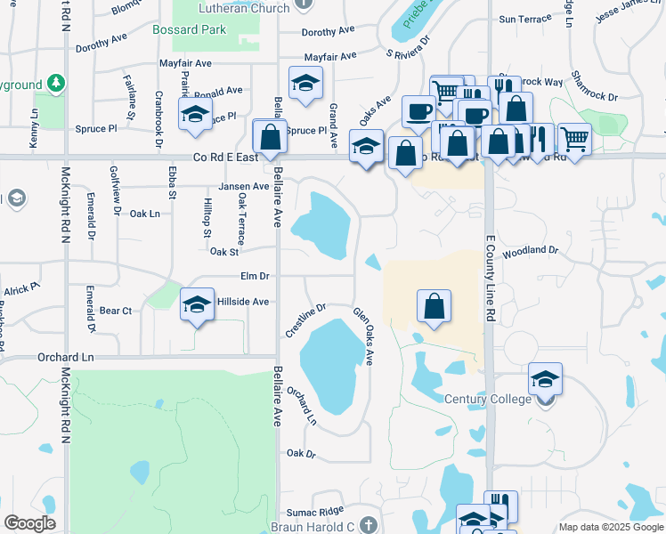 map of restaurants, bars, coffee shops, grocery stores, and more near 2563 Elm Drive in White Bear Lake