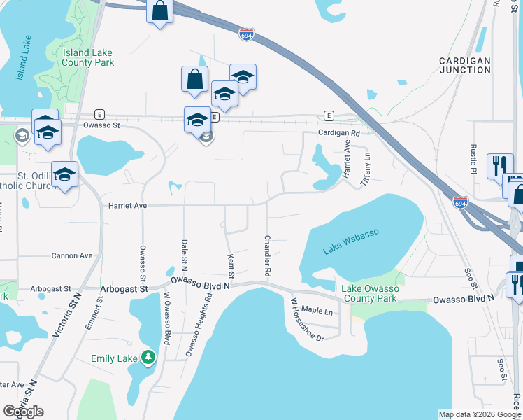 map of restaurants, bars, coffee shops, grocery stores, and more near 493 Lake Wabasso Court in Shoreview