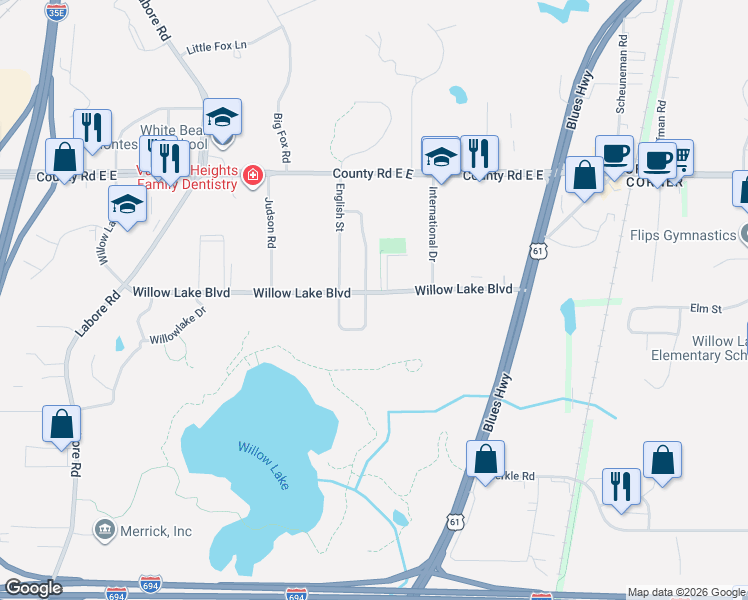 map of restaurants, bars, coffee shops, grocery stores, and more near 1344 Willow Lake Boulevard in Saint Paul