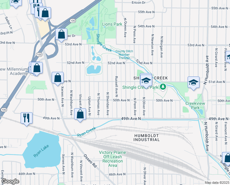 map of restaurants, bars, coffee shops, grocery stores, and more near 5021 Russell Avenue North in Minneapolis