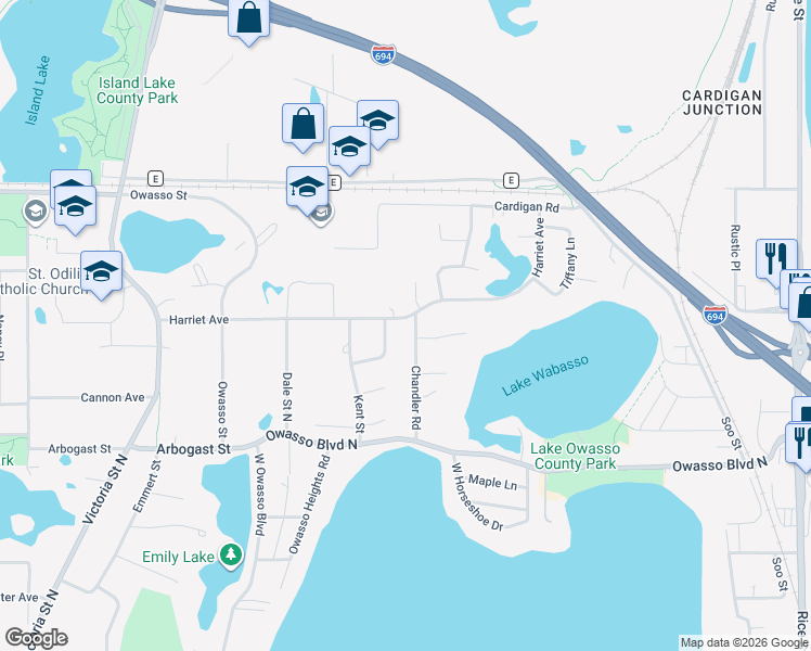 map of restaurants, bars, coffee shops, grocery stores, and more near 493 Lake Wabasso Court in Shoreview