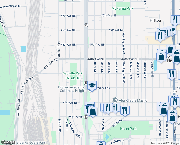 map of restaurants, bars, coffee shops, grocery stores, and more near 4301 University Avenue Sev Road in Columbia Heights