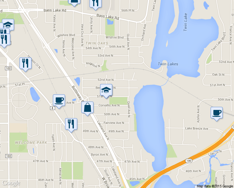 map of restaurants, bars, coffee shops, grocery stores, and more near 5100 51st Avenue North in Minneapolis