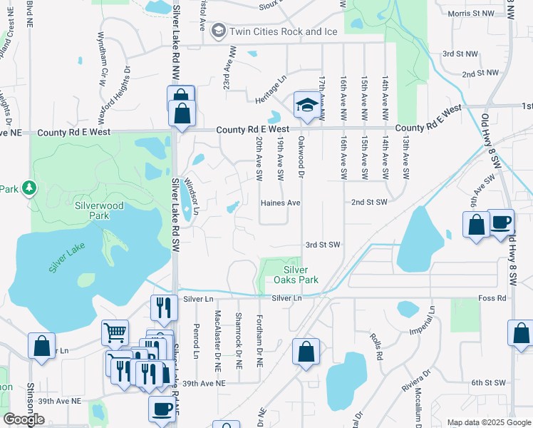 map of restaurants, bars, coffee shops, grocery stores, and more near 249 20th Avenue Southwest in New Brighton