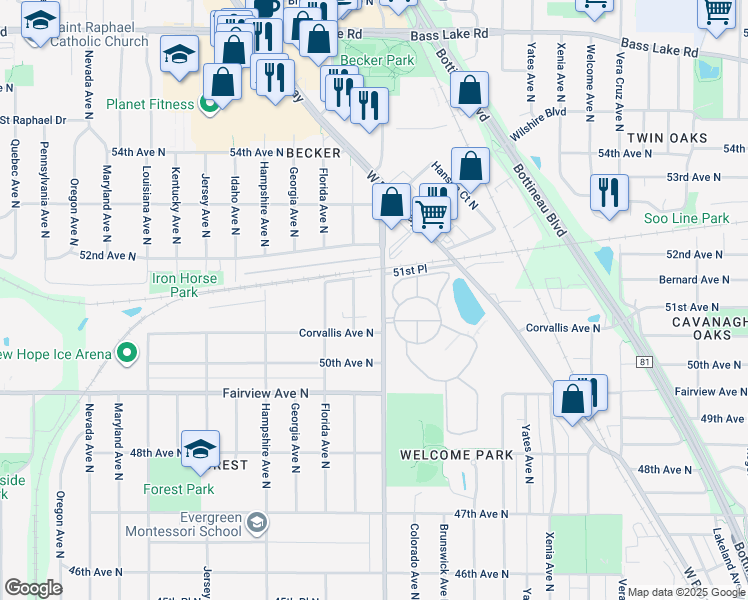 map of restaurants, bars, coffee shops, grocery stores, and more near 5131 Douglas Drive North in Minneapolis