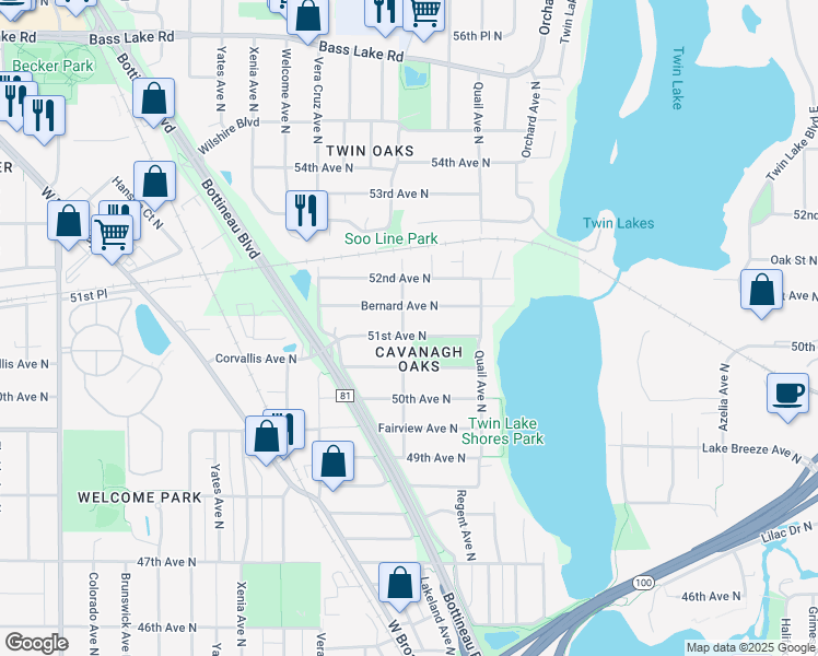 map of restaurants, bars, coffee shops, grocery stores, and more near 5208 51st Avenue North in Minneapolis