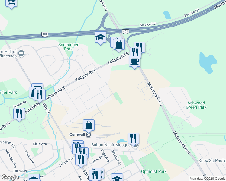 map of restaurants, bars, coffee shops, grocery stores, and more near 85 Portland Drive in Cornwall