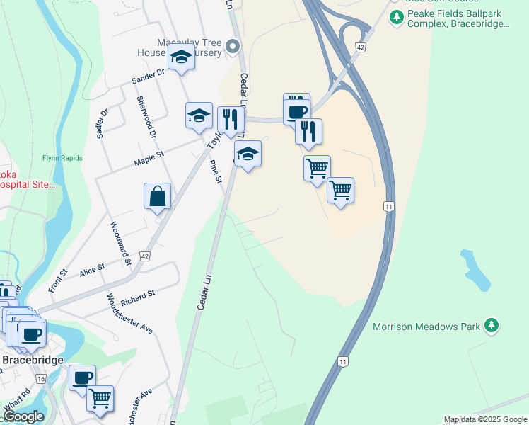 map of restaurants, bars, coffee shops, grocery stores, and more near 200 Pine Street in Bracebridge