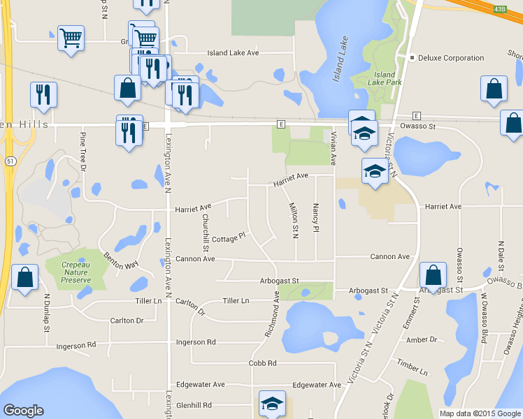 map of restaurants, bars, coffee shops, grocery stores, and more near 3477 Chatsworth Street North in Shoreview