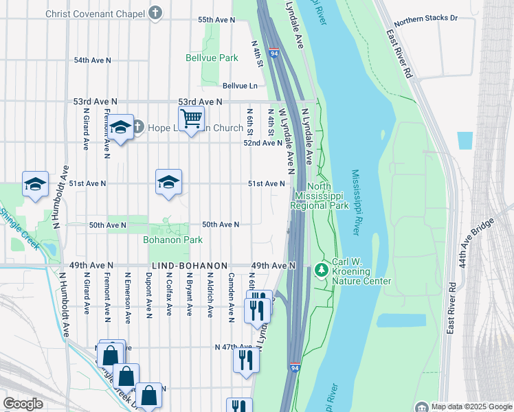 map of restaurants, bars, coffee shops, grocery stores, and more near 5017 North 6th Street in Minneapolis