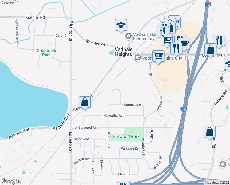 map of restaurants, bars, coffee shops, grocery stores, and more near 3492 Valento Circle in Vadnais Heights