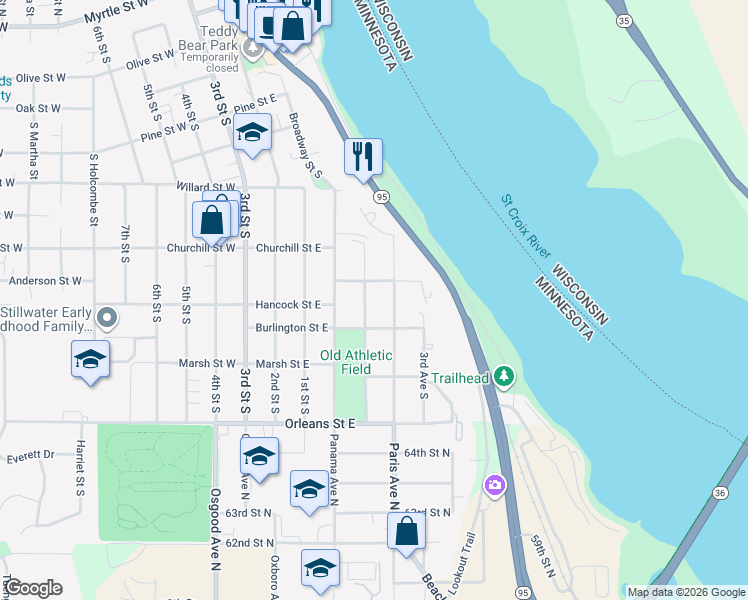 map of restaurants, bars, coffee shops, grocery stores, and more near 1014 4th Avenue South in Stillwater