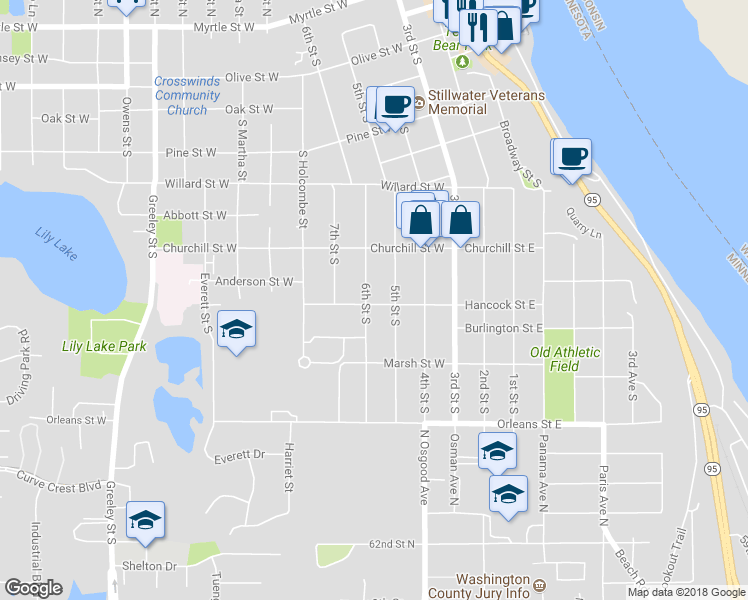 map of restaurants, bars, coffee shops, grocery stores, and more near 1021 6th Street South in Stillwater
