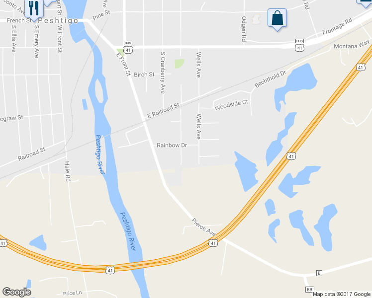 map of restaurants, bars, coffee shops, grocery stores, and more near 501 Rainbow Drive in Peshtigo