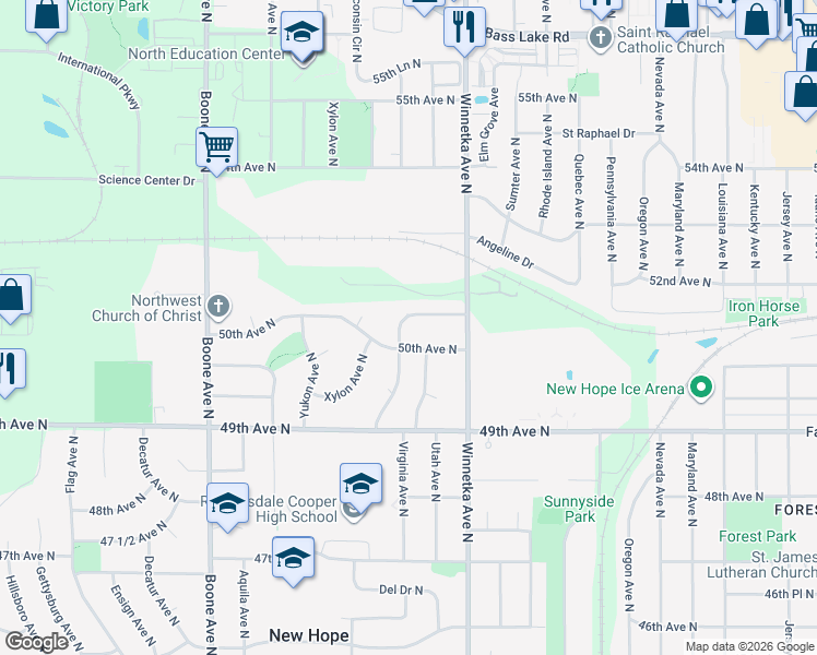 map of restaurants, bars, coffee shops, grocery stores, and more near 5010 Wisconsin Avenue North in Minneapolis