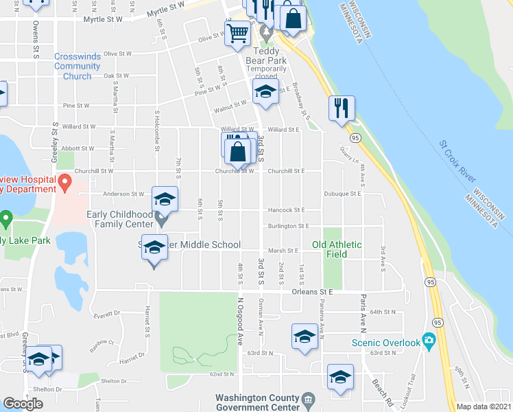 map of restaurants, bars, coffee shops, grocery stores, and more near 1022 3rd Street South in Stillwater