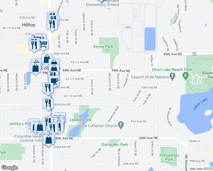 map of restaurants, bars, coffee shops, grocery stores, and more near 1417 43rd Avenue Northeast in Columbia Heights